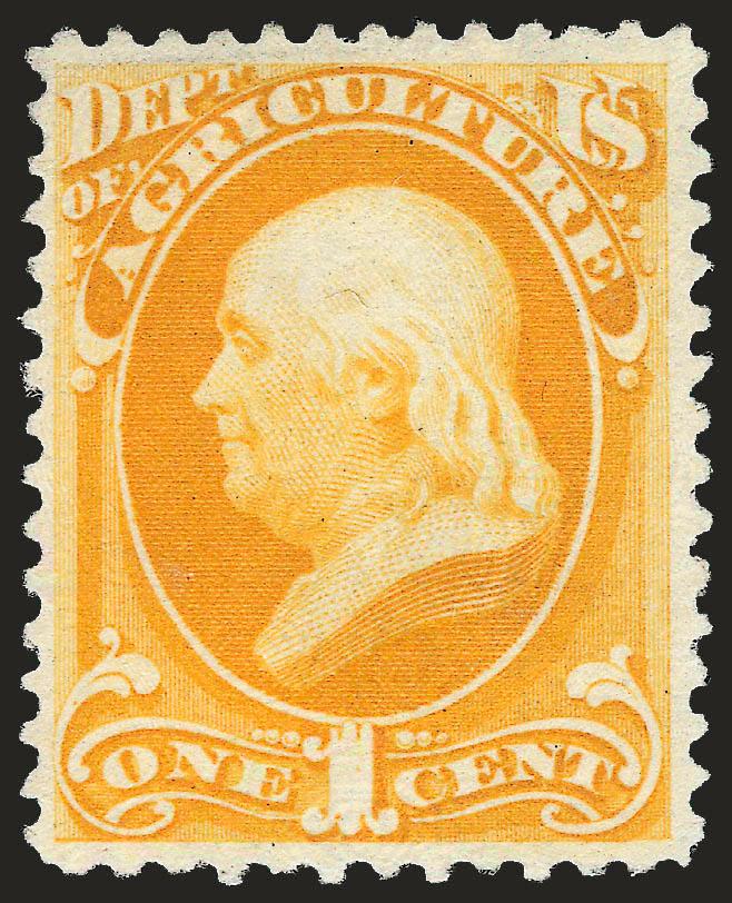 1c Agriculture, Soft Paper (O94).> Without gum as issued, choice centering, vibrant color<><>^VERY FINE AND CHOICE EXAMPLE OF THE ONE-CENT AGRICULTURE AMERICAN BANK NOTE PRINTING ON SOFT PAPER. AN EXTREMELY
DIFFICULT STAMP TO OBTAIN IN SUCH CHOICE