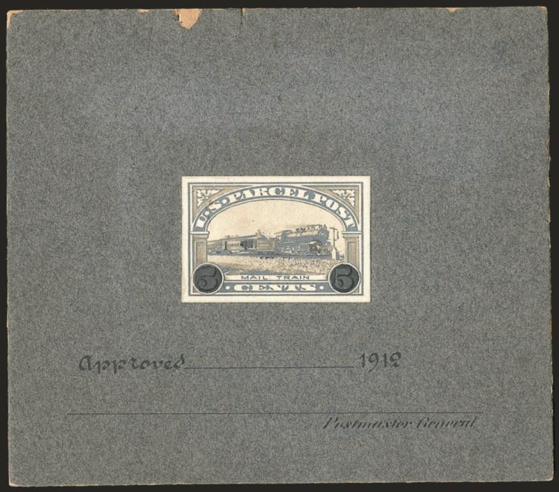5c Parcel Post, Model Essay on Thick Gray Cardboard (Q5-E2).> Stamp-size photographic essay which has wash drawing, mounted on 105 x 92mm card with pre-printed Approved and space for signatures, back with pencil
<<Not approved>>, some flaking at