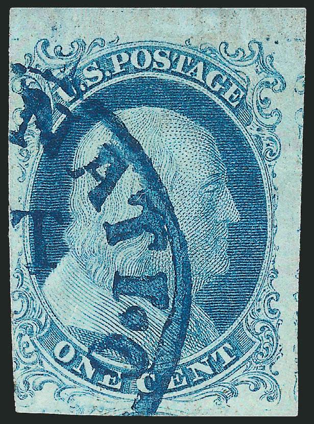 1c Blue, Ty. Ib (5A).> Position 6R1E, huge margins to just in at lower left, including sheet margin at top, beautiful Plate 1 Early color, bold strike of <blue> Cincinnati O. circular datestamp<><>^VERY FINE AND
CHOICE. AN OUTSTANDING EXAMPLE OF ON