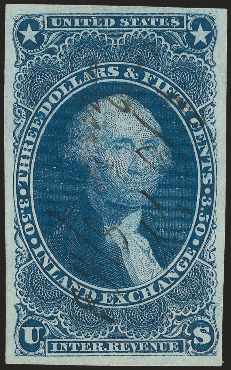 $3.50 Inland Exchange, Imperforate (R87a).> Large to huge margins all around, deep rich color, neat 1863 ms. cancel leaves entire design clearly visible<><>^EXTREMELY FINE. A RARE SOUND EXAMPLE OF THE
IMPERFORATE $3.50 INLAND EXCHANGE. THIS IS ONE