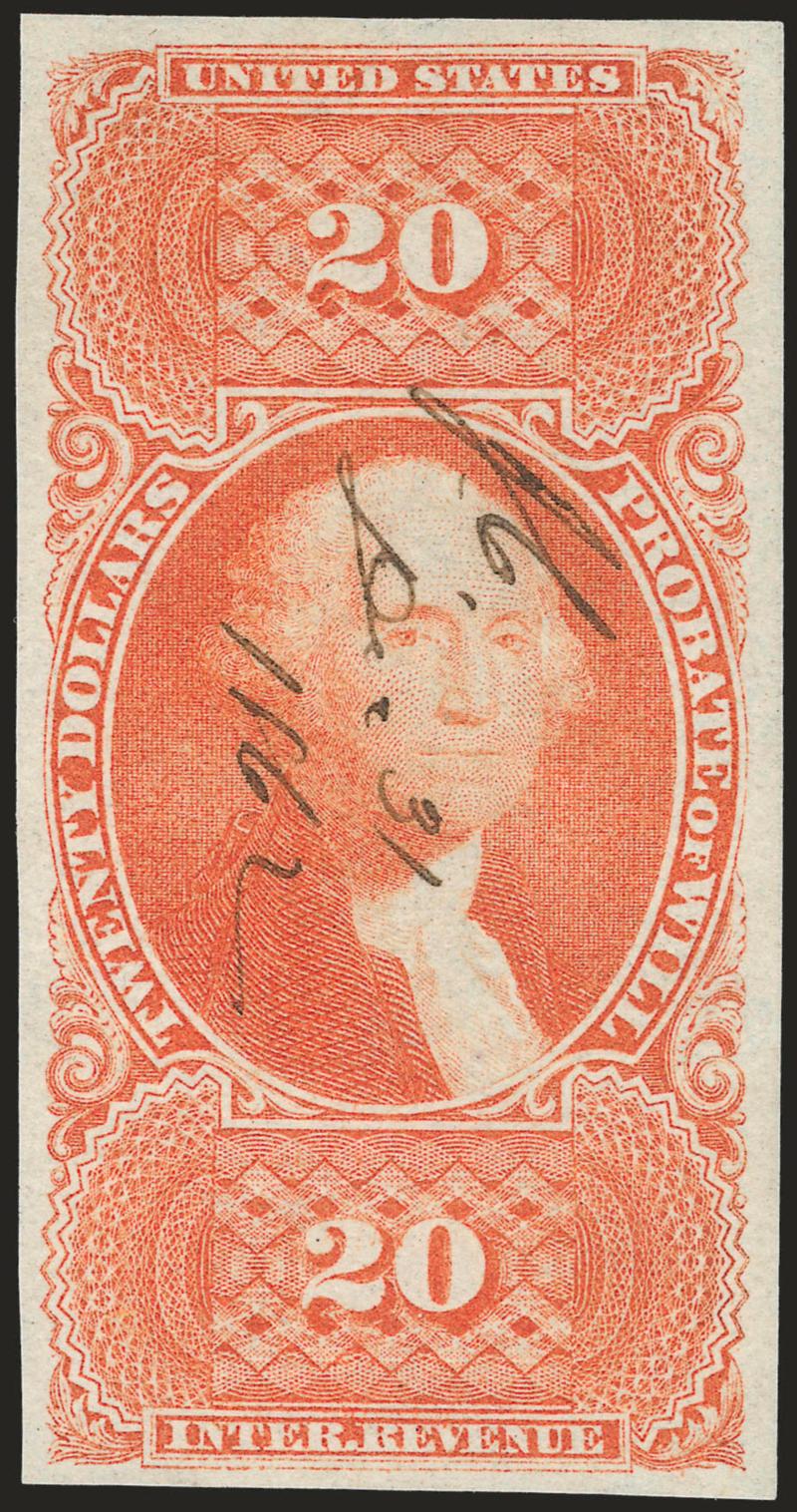 $20.00 Probate of Will, Imperforate (R99a).> Large to huge margins, vibrant color as fresh as the day it was printed, neat Dec. 31, 1862 ms. cancel<><>^EXTREMELY FINE GEM. A STUNNING EXAMPLE OF THE $20.00
PROBATE OF WILL IMPERFORATE ISSUE.^<><>Wi