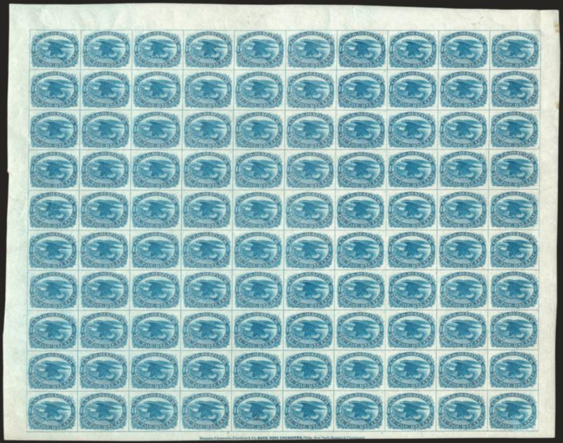 1c Blue, Eagle Carrier (LO2).> Pane of 100, large margins all around and with Toppan, Carpenter, Casilier & Co. Bank Note Engravers, Phila. New York Boston & Cincinnati imprint at bottom, most stamps Mint N.H.,
usual light natural gum wrinkles<><