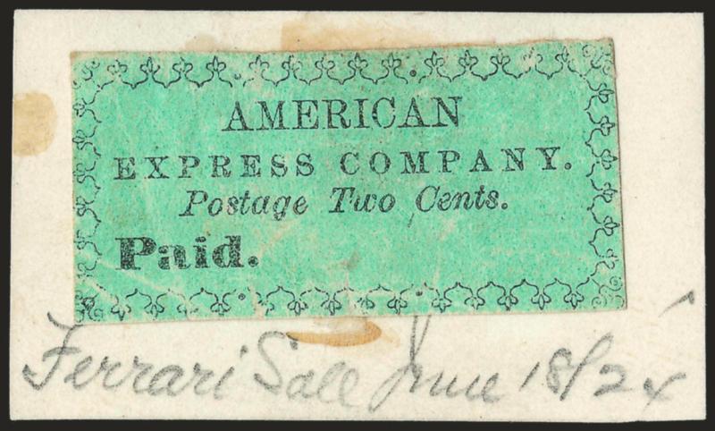 American Express Co., New York N.Y., 2c Black on Green (4L1).> Uncancelled, margins mostly clear of ornaments, slightly creased with minor surface disturbances, mounted on paper with notation Ferrary Sale June
1824<><>^VERY FINE. ONE OF THE RARE