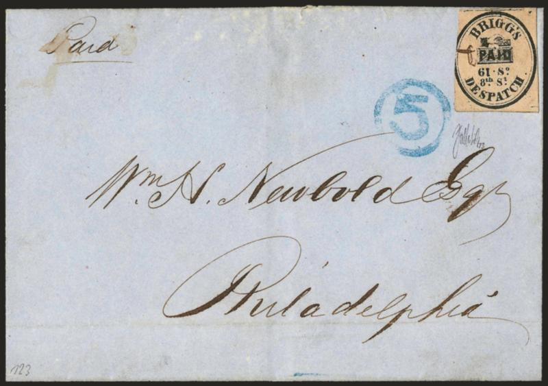 Briggs Despatch, Philadelphia Pa., (2c) Black on Rose (25L1).> Three large margins, slightly in at left, ms. X cancel (not tied), used on blue folded cover to Wm. H. Newbold in Philadelphia, blue 5 in circle
handstamped rate marking applied by P
