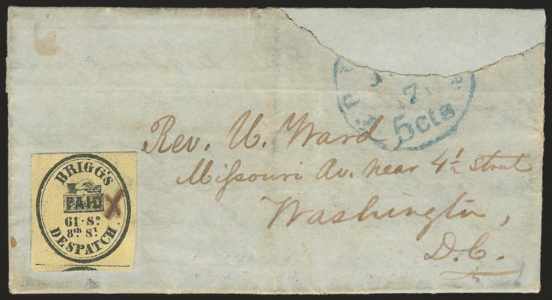 Briggs Despatch, Philadelphia Pa., (2c) Black on Yellow (25L1).> Huge bottom margin showing dividing line and adjoining stamp, clear impression on bright yellow paper, usual small ms. X cancel, used on folded
letter datelined <<Philadelphia, Jun.