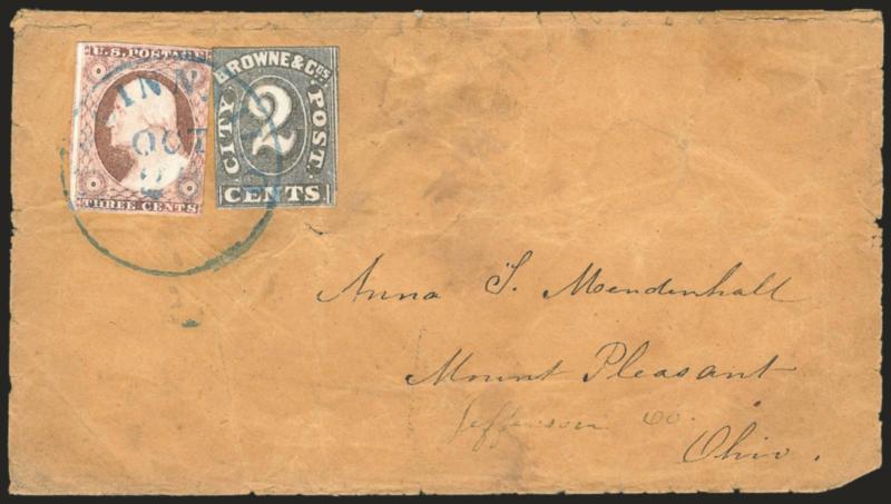 Browne & Co.s City Post Office, Cincinnati O., 2c Black (29L2).> Usual tight margins just barely in, used with <3c Dull Red (11),> tied together by blue Cincinnati O. Oct. 26 circular datestamp on brown cover to
Mount Pleasant O., a bit worn and w
