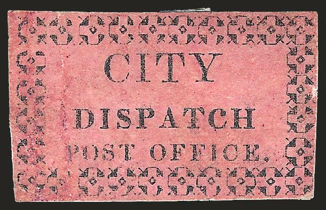 City Dispatch Post Office, New Orleans La., (5c) Black on Pink Glazed (43L2).> Period after Office, large margins, unused, vertical creases painted over to improve appearance, tiny scrapes at left<><>^VERY FINE
APPEARANCE. ONLY FIVE EXAMPLES OF T