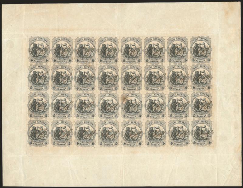Penny Express Co. (Holladay Overland Mail & Express Co.), 5c Black (114L1a).> Complete sheet of 32, <each stamp initialled HR by Henry Reed,> full sheet margins, original gum, a few faint toned spots, several
creases<><>^EXTREMELY FINE APPEARANCE