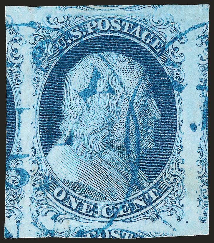 1c Blue, Ty. II (7).> Plate 1E, enormous margins all around incl. significant portion of four adjoining stamps, radiant color nicely complemented by <blue circular datestamp><><>^EXTREMELY FINE GEM. THIS STUNNING
STAMP, WITH MASSIVE MARGINS ON ALL