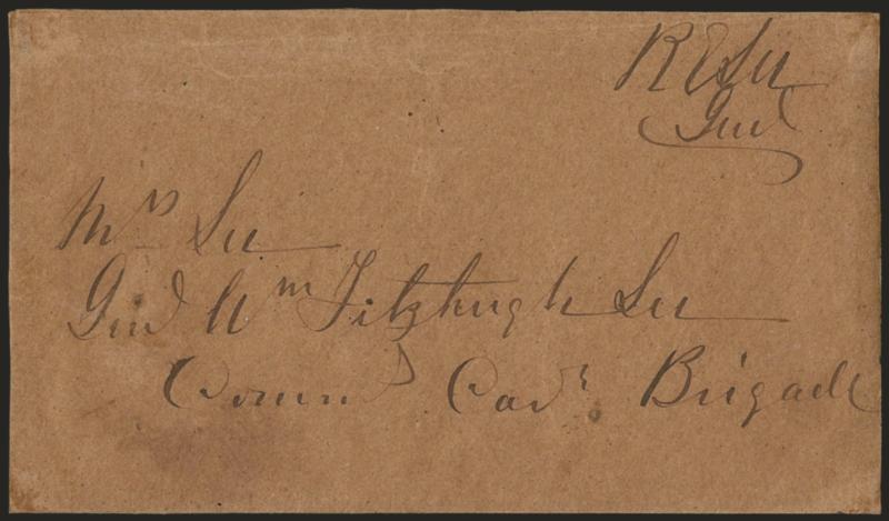 Robert E. Lee.> Endorsement <<R E Lee Genl>> at top right of rebacked cover front and addressed to his wife care of General William Fitzhugh Lee, slightly reduced, Very Fine and scarce, ex Kohn, signed by
Charles Hamilton, William Fitzhugh Lee was