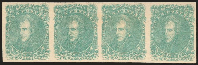 2c Green (3).> Horizontal strip of four, original gum, large margins all around, radiant color<><>^EXTREMELY FINE. A GORGEOUS ORIGINAL-GUM STRIP OF FOUR OF THE CONFEDERATE STATES 2-CENT JACKSON LITHOGRAPH.
SCARCE IN SUCH PRISTINE CONDITION.^<><>W