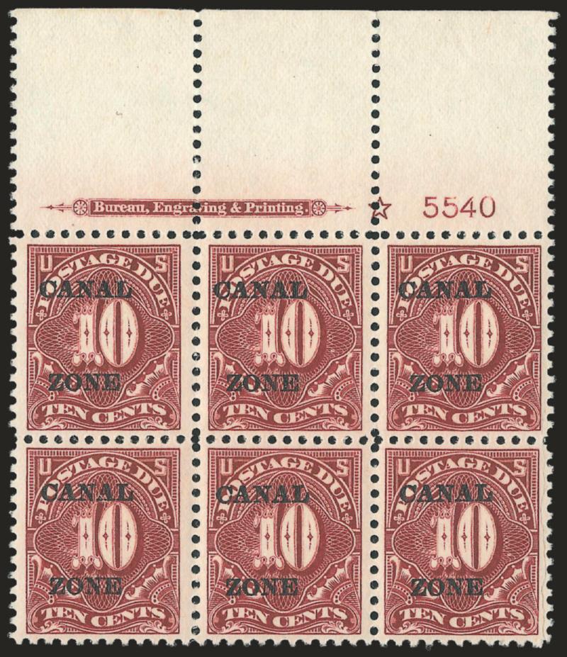 CANAL ZONE, 1924, 10c Deep Claret, Postage Due (J14).> Mint N.H. top imprint, plate no. 5540 and small star block of six with wide selvage, deep rich color and proof-like impression on bright paper<><>^VERY FINE
AND CHOICE. A RARE AND DESIRABLE MIN