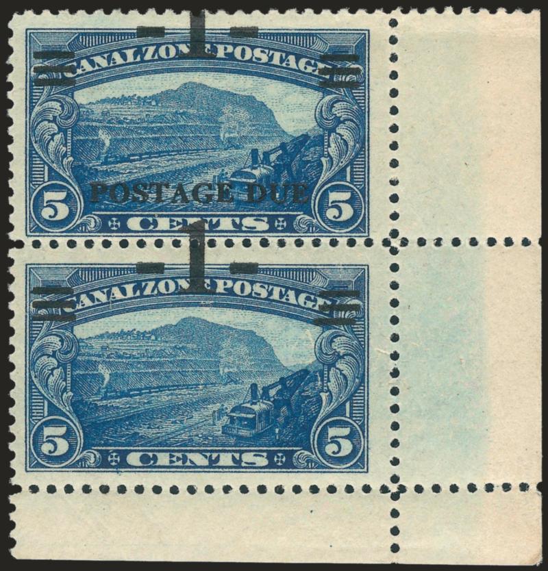 CANAL ZONE, 1930, 1c on 5c Blue, Postage Due, Postage Due Omitted (J21a).> Bottom right corner selvage vertical pair, bottom stamp the error, deep rich color, some slight surface scraping<><>^VERY FINE
APPEARANCE. THE UNIQUE CORNER SELVAGE EXAMPL