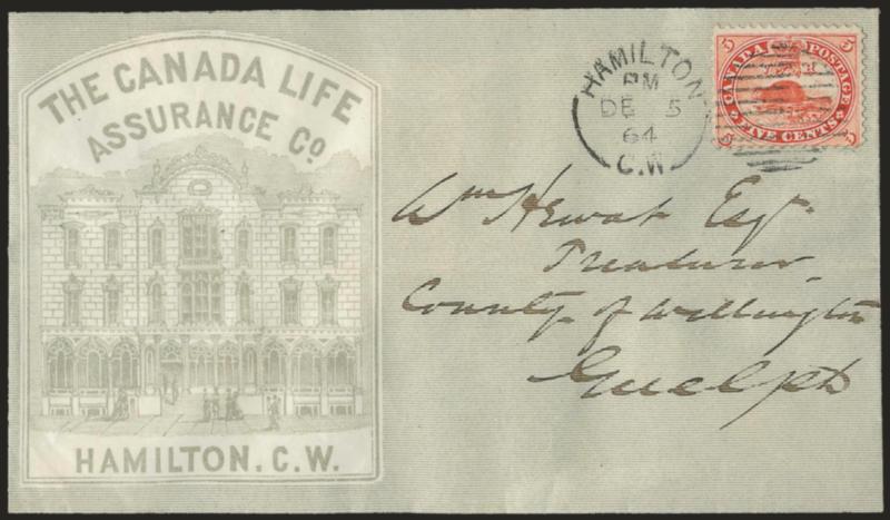 CANADA, 1859, 5c Vermilion (15 SG 31).> Bright color, tied by target, Hamilton C.W. DE 5, 1864 circular datestamp on cover to Guelph, with <Canada Life Insurance Co. illustrated design,> fresh and Very Fine,
scarce and desirable advertising cover