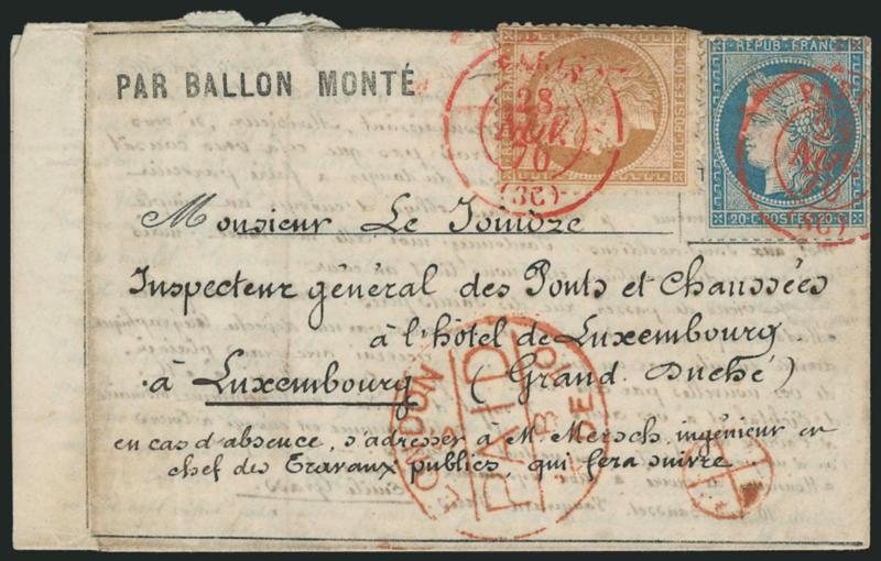 FRANCE, Ballon Monté to Luxembourg.> Folded part-printed lettersheet bearing 10c and 20c Ceres stamps tied by <red> Paris 28 Nov. 70 double-circle datestamp and addressed <to Luxembourg,> red London Paid 12 DE
1870 transit, 10c barely affected fr