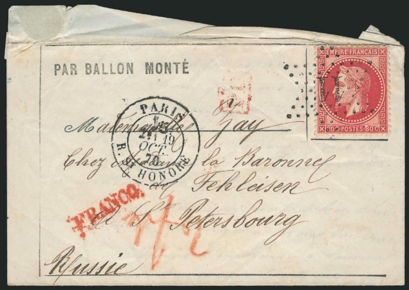 FRANCE, Ballon Monté to Russia.> 80c Naploeon stamp tied by 11 in star of dots cancel, Paris R. St. Honore 19 Oct. 1870 double-circle datestamp on part-printed folded letter <to St. Petersburg, Russia,> red
boxed PD handstamp, also red Franco