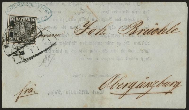 BAVARIA, 1849, 1kr Deep Black, Plate I (1a Michel 1 Ib).> Large and even margins all around, intense shade, tied by three strikes of indistinct tombstone cancels on folded printed circular from Kenmath to
Obergunzburg, sealed tear on bottom flap men