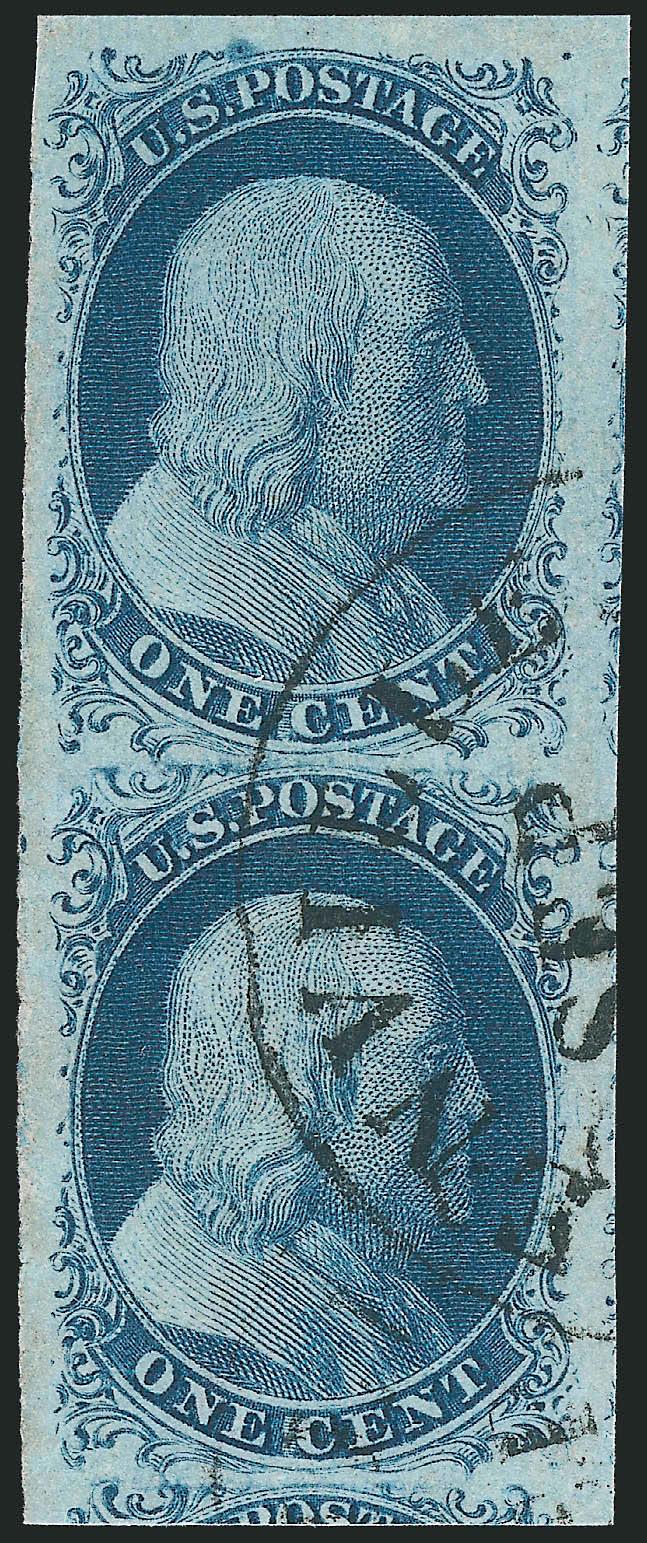 1c Blue, Ty. II (7).> Vertical pair, huge margins all around incl. part of adjoining stamps at right and bottom, neat strike of circular datestamp<><>^EXTREMELY FINE GEM. A SUPERB PAIR OF THE 1851 IMPERFORATE
ONE-CENT TYPE II.^<><>With 2009 P.S.E