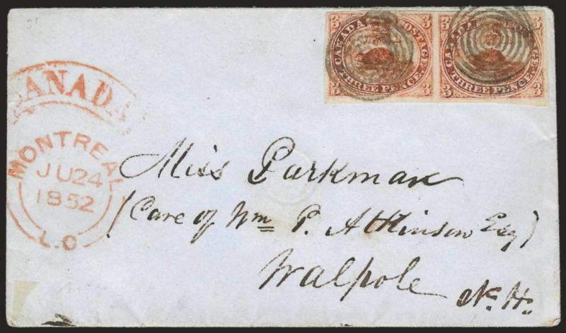 CANADA, 1851, 3p Orange Vermilion (1a SG 1a).> Horizontal pair, large margins to full, tied by targets, red Montreal JU 24, 1852 circular datestamp on light blue cover to Walpole N.H., red Canada in arc<><>^VERY
FINE. AN ATTRACTIVE USAGE OF A