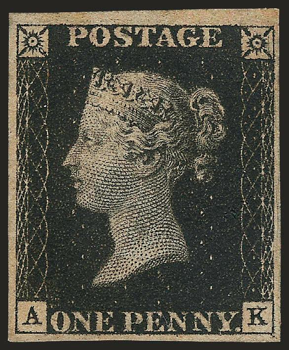 GREAT BRITAIN, 1840, 1p Black (1 SG 2).> Plate 8, AK, original gum, large to huge margins all around, intense shade and impression<><>^VERY FINE AND CHOICE. A BEAUTIFUL FOUR-MARGIN ORIGINAL-GUM EXAMPLE OF THE
PENNY BLACK FROM PLATE 8. A BEAUTIFUL