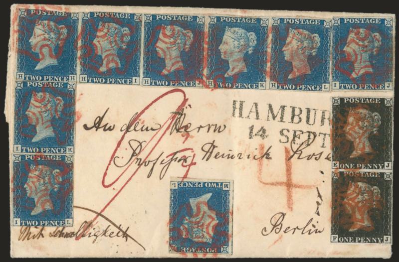 GREAT BRITAIN, 1840, 2p Pale Blue (2 var SG 6).> Horizontal strip of five and four singles, Plate 1, margins to in, tied by red Maltese Cross cancels on folded letter datelined <<Dublin 7 Septr. 1840>> and
addressed <to Berlin, Germany,> red SE 9