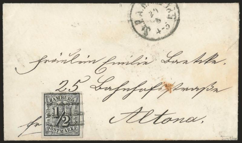 HAMBURG, 1859, -12s Black (1 Michel 1).> Large to huge margins tied by four-bar grid, matching circular datestamp struck partly off top of cover to Altona, receiving backstamp, tiny cover tears at top and at
right<><>^VERY FINE AND CHOICE. A BEAU