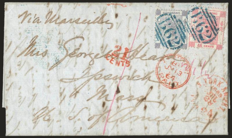 HONG KONG, 1862-71, 6c Lilac, 48c Rose (12, 21 SG 6, 10).> Bright colors, tied by two neat strikes of blue B62 in barred oval handstamps, matching Hong Kong MY 29, 1864 backstamp on folded letter <to Ipswich,
Mass., U.S.A.,> red London JY 13, 1