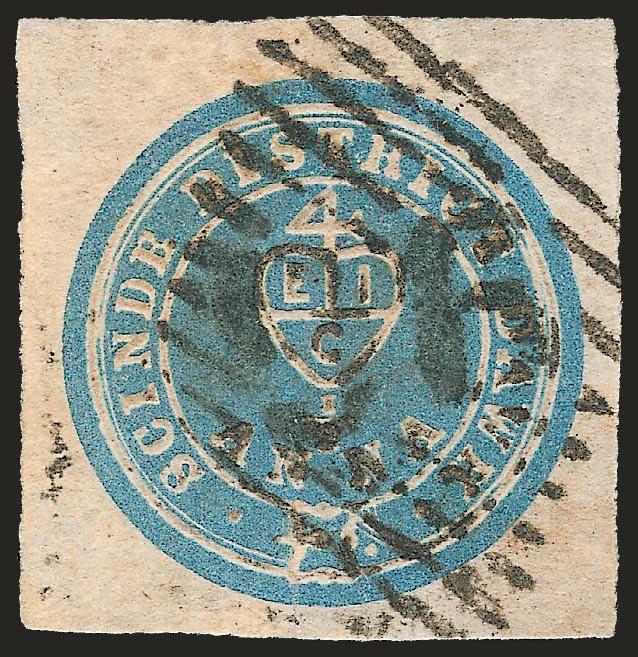 INDIA, 1852, -12a Blue, Scinde District Post (A2 SG S2).> Large margins all around, bright color, neat strike of 96 in open grid cancel<><>^EXTREMELY FINE. A BEAUTIFUL AND SCARCE EXAMPLE OF THE HALF-ANNA BLUE
SCINDE DAWK.^<><>Ex Dale-Lichtens