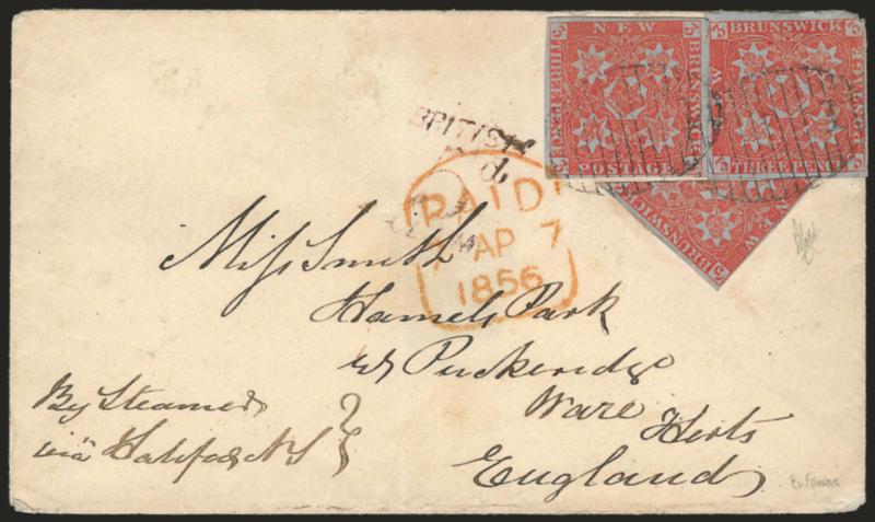 NEW BRUNSWICK, 1851, 3p Dark Red (1a SG 2).> Two, <used with diagonal bisect (1b SG 2a),> large margins, tied by neat strikes of oval grid, St. John New Brunswick, MR 24, 1856 backstamp on cover <to Ware,
England,> endorsed <y Steamer via Hali