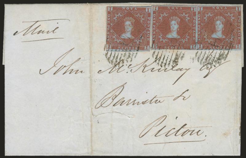 NOVA SCOTIA, 1853, 1p Red Brown (1 SG 1).> Horizontal pair and single, large margins to just in, tied by H in grid cancels, Halifax NO 8, 1858 backstamp on folded letter to Pictou, receiving backstamp, vertical
file fold at left well away from s