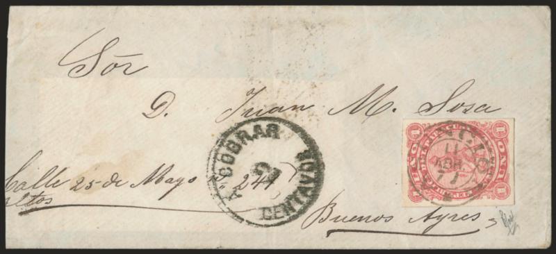 PARAGUAY, 1870, 1r Rose (1).> Large margins all around, brilliant color, cancelled by neat strike of Asuncion 11 Abr. 77 double-circle datestamp on cover <to Buenos Aires, Argentina,> bold A Cobrar 2 Centavos
due marking applied on arrival, recei