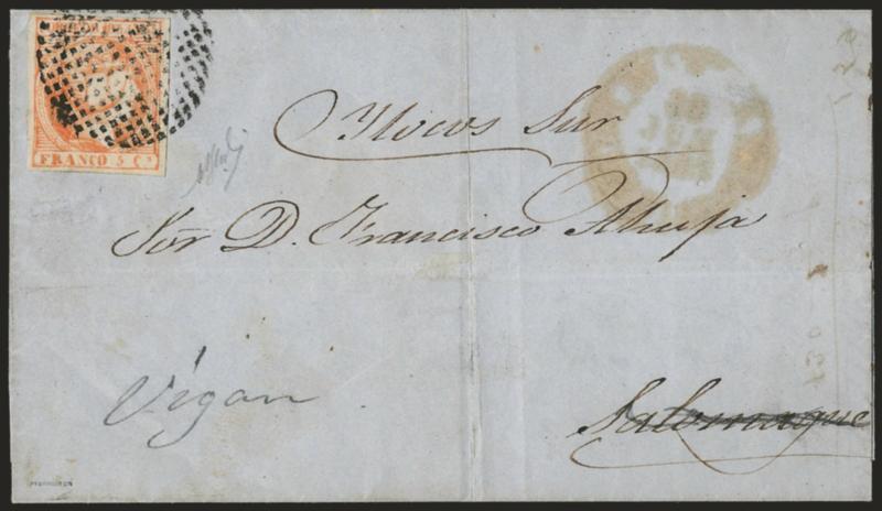 PHILIPPINES, 1854, 5c Orange (1).> Large margins all around, radiant color, tied by well-struck circle of squares handstamp, indistinct circular datestamp at right, on folded letter to Salumaque and then
<forwarded> to Vigan on Luzon, light file fold
