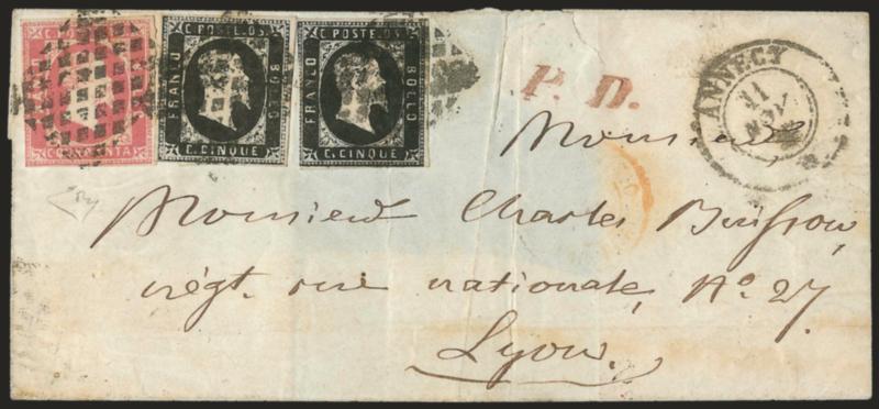 SARDINIA, 1851, 5c Black, 40c Violet Rose (1a, 3a Sassone 1, 3b).> Two 5c, large margins to just in, left 5c small scissors-cut at bottom right, tied by grid of diamonds, matching Annecy 11 Nov. 1852
double-circle datestamp on folded cover <to Lyo