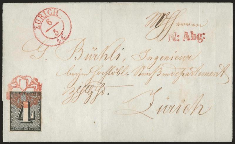 ZURICH, 1843, 4r Black, Vertical Red Lines (1L1 Zumstein 1S).> Type III, large and even margins all around, tied by well-struck red <cross in rosette> cancel on folded letter to Zurich, matching well-struck
Zurich 65 1844 double-circle datestamp,