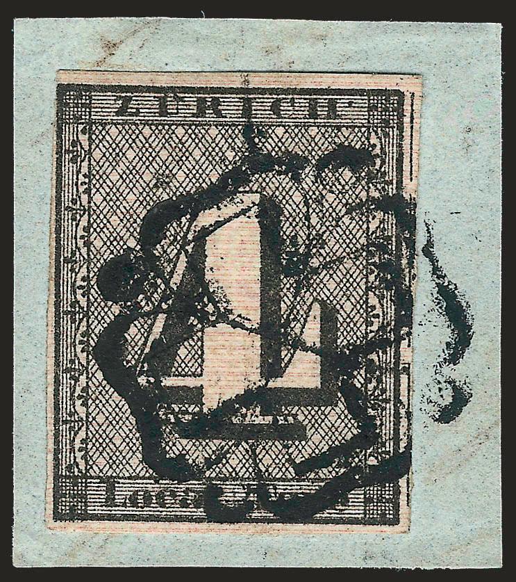 ZURICH, 1846, 4r Black (1L3 Zumstein 1W).> Large margins to barely touched at top left, tied by well-struck cross in rosette from Winterthur on small green piece<><>^VERY FINE AND CHOICE. A BEAUTIFUL EXAMPLE OF
THE ZURICH 4-RAPPEN CANTONAL ISSUE O