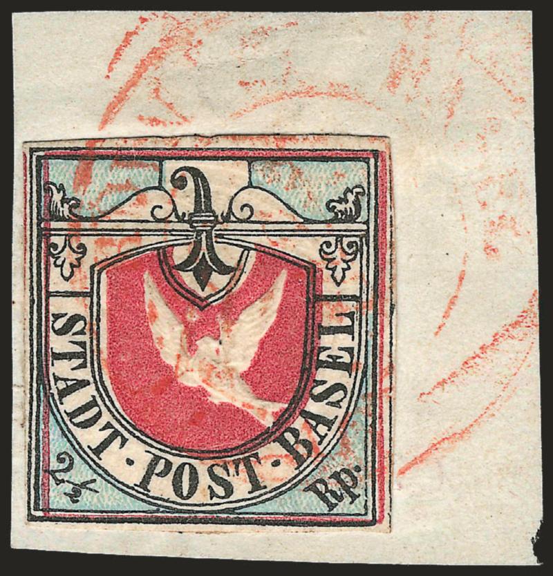BASEL, 1845, 2-12r Dove of Basel (3L1 Zumstein 8a).> Second printing, large margins to full, unusually clear embossing, rich colors, tied by red Basel double-circle datestamp on small piece to which it is
affixed by a wafer<><>^VERY FINE AND CHOI
