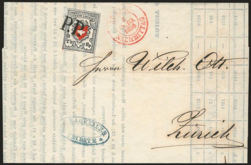 SWITZERLAND, 1850, 2-12r Poste Locale, Frame Around Cross (2 Zumstein 14I).> Type 37, large margins all around, tied by bold strike of P.P. handstamp on printed letter with Triest den 2 October 1850 and
addressed to Zurich, red Zurich Nachmitt