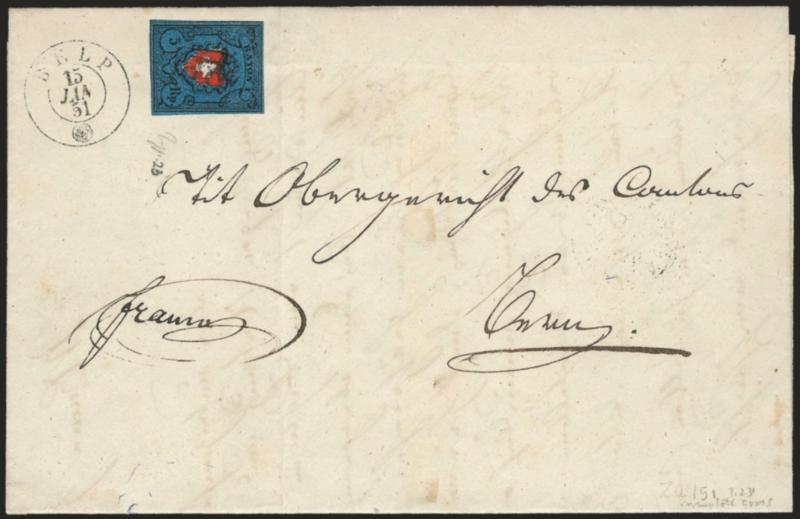 SWITZERLAND, 1850, 5r Black & Red on Dark Blue, Rayon I, Frame Around Cross (5 Zumstein 15I).> Type 23, <black frame around cross is partial,> large and even margins all around, deep rich colors, cancelled by
neat boxed P.P. handstamp, matching B