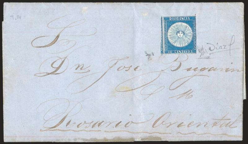 URUGUAY, 1856, 60c Blue (1).> Type 18, uncancelled as usual, large margins to barely in incl. part of adjoining stamp at left, affixed to blue folded letter datelined <<Montevideo Febr. 20, 1858>> to Rosario
Oriental, small flaw at bottom of cover<
