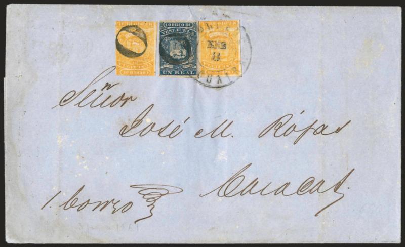 VENEZUELA, 1859, -12r Yellow, 1r Blue (1, 2).> Two of first, large margins to just in, two bold strikes of O handstamp and tied by Correos La Guaira Ene 8 double-circle datestamp on blue 1861 folded cover to
Caracas, right stamp small indentation