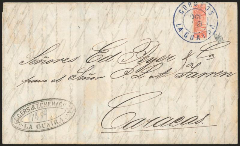 VENEZUELA, 1859, 2r Red, Vertical Bisect (3b).> Large margins other sides, tied by perfect strike of blue Correios La Guaira Oct. 18 double-circle datestamp on 1859 folded letter to Caracas, trivial cover edge
toning not mentioned on accompanying c