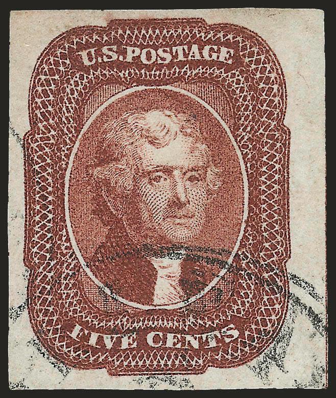 5c Red Brown (12).> Enormous margins all around incl. trace of <guide line at right,> bright shade, face-free strike of circular datestamp<><>^EXTREMELY FINE GEM. A PHENOMENAL USED EXAMPLE OF THE 5-CENT 1856
ISSUE, WHICH HAS BEEN GRADED SUPERB 98 J