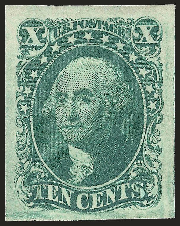 10c Green, Ty. II (14).> Original gum, lightly hinged, enormous margins all around, which frame the design like a small die proof, deep rich color and proof-like impression<><>^EXTREMELY FINE GEM. THIS STAMP IS
ONE OF THE FINEST ORIGINAL-GUM EXAMPL
