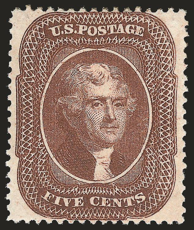 5c Brown, Ty. II (30A).> Original gum, lightly hinged, choice centering for this difficult issue with perfs clear of projections on all sides, deep rich color and proof-like impression<><>^EXTREMELY FINE. A
BEAUTIFUL ORIGINAL-GUM EXAMPLE OF THE 5-C