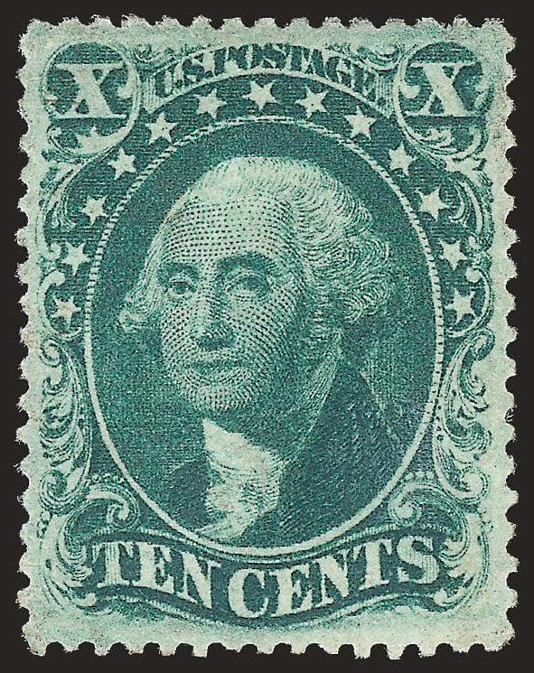 10c Green, Ty. III (33).> Original gum, lightly hinged, deep rich color and proof-like impression, gorgeous centering with unusually wide and balanced margins, long and full perforations all around<><>^EXTREMELY
FINE GEM. THIS IS EASILY ONE OF THE