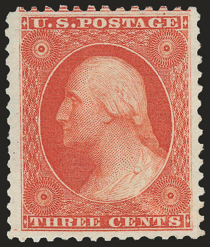 3c Scarlet, Reprint (41).> Without gum as issued, phenomenal centering with Jumbo margins well clear of framelines on all sides, rich color and proof-like impression<><>^EXTREMELY FINE GEM. WITHOUT QUESTION, THE
FINEST KNOWN EXAMPLE OF THE 3-CENT 1