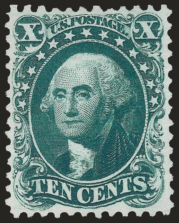 10c Blue Green, Reprint (43).> Without gum as issued, deep rich color and proof-like impression on bright paper, precise centering with balanced margins<><>^EXTREMELY FINE GEM. THIS MAGNIFICENT STAMP HAS BEEN
AWARDED THE GRADE OF XF-SUPERB 95 BY P.