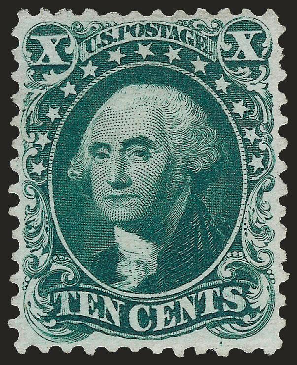 10c Blue Green, Reprint (43).> Without gum as issued, rich color on bright paper, unusually choice centering<><>^EXTREMELY FINE. A BEAUTIFUL EXAMPLE OF THE 10-CENT 1857 ISSUE REPRINT.^<><>Only 516 sold. With 1986
P.F. and 2006 P.S.E. certificates