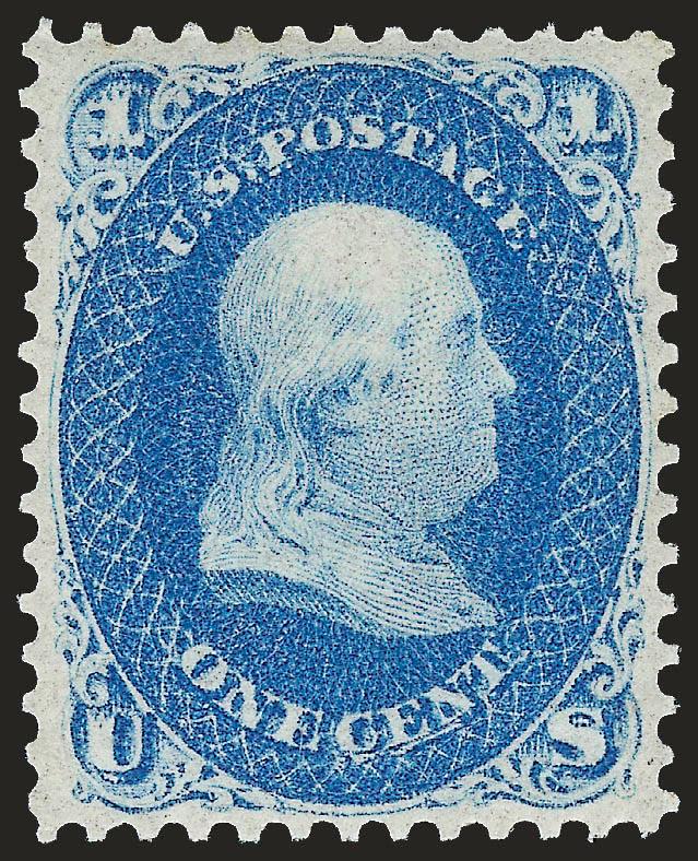 1c Ultramarine (63a). Mint N.H.,> radiant color in the true Ultramarine shade,  well-proportioned margins, long and full perforations all around<><>^EXTREMELY FINE. A BEAUTIFUL MINT NEVER-HINGED EXAMPLE OF THE
ONE-CENT 1861 ISSUE IN THE SCARCE ULTR