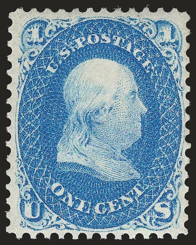 1c Ultramarine (63a).> Original gum, lightly hinged, radiant color which differs significantly from the regular shade, well-balanced margins<><>^VERY FINE AND CHOICE ORIGINAL-GUM EXAMPLE OF THE 1861 ONE-CENT IN
THE ULTRAMARINE SHADE.^<><>With 200